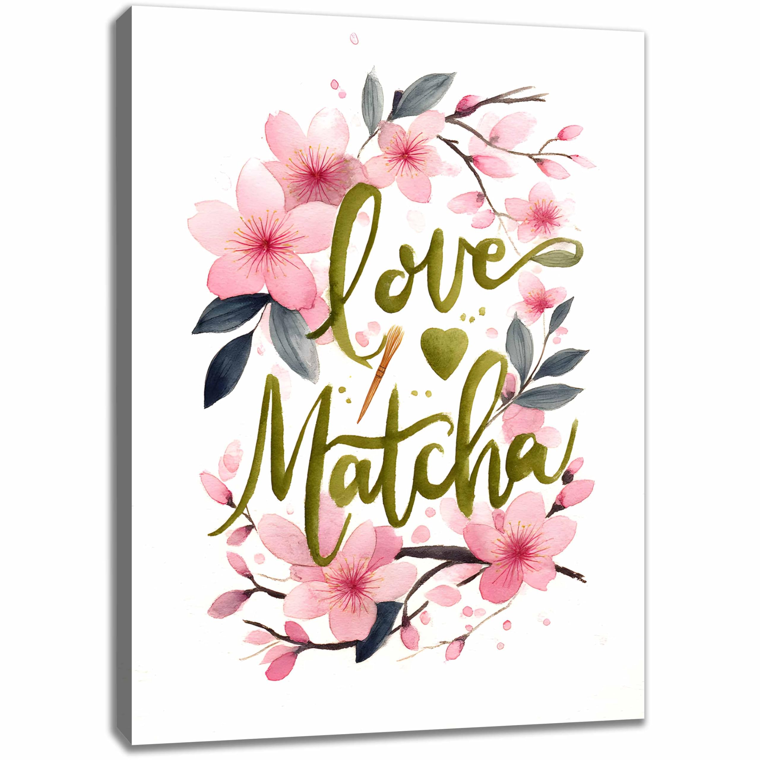 Kunstbruder Leinwand‑Kunstdruck Love & Matcha – Rosa Blüten mit Olivgrün, 70x100 cm in für moderne Wohnräume und Praxis, hochwertige Leinwand auf Holzrahmen