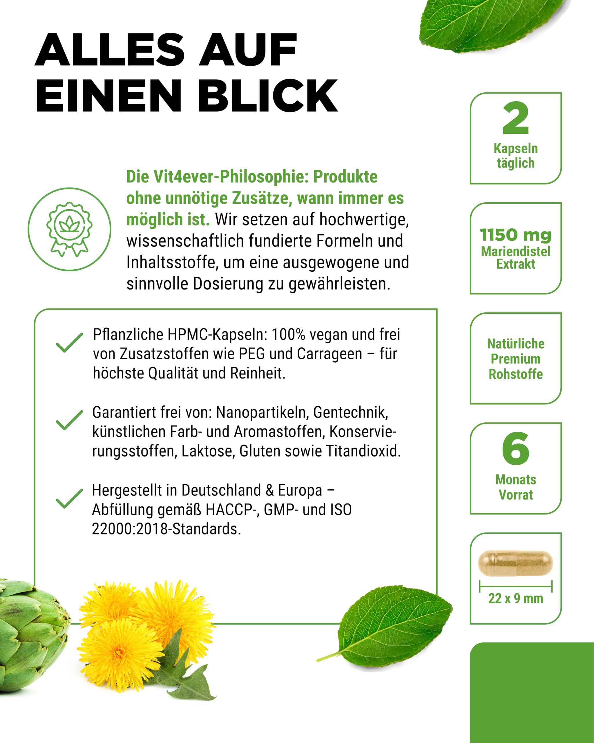 vit4ever Mariendistel Artischocke Löwenzahn Komplex - 365 Kapseln | 80% Silymarin, 2,5% Cynarin, laborgeprüft, vegan, hochdosiert