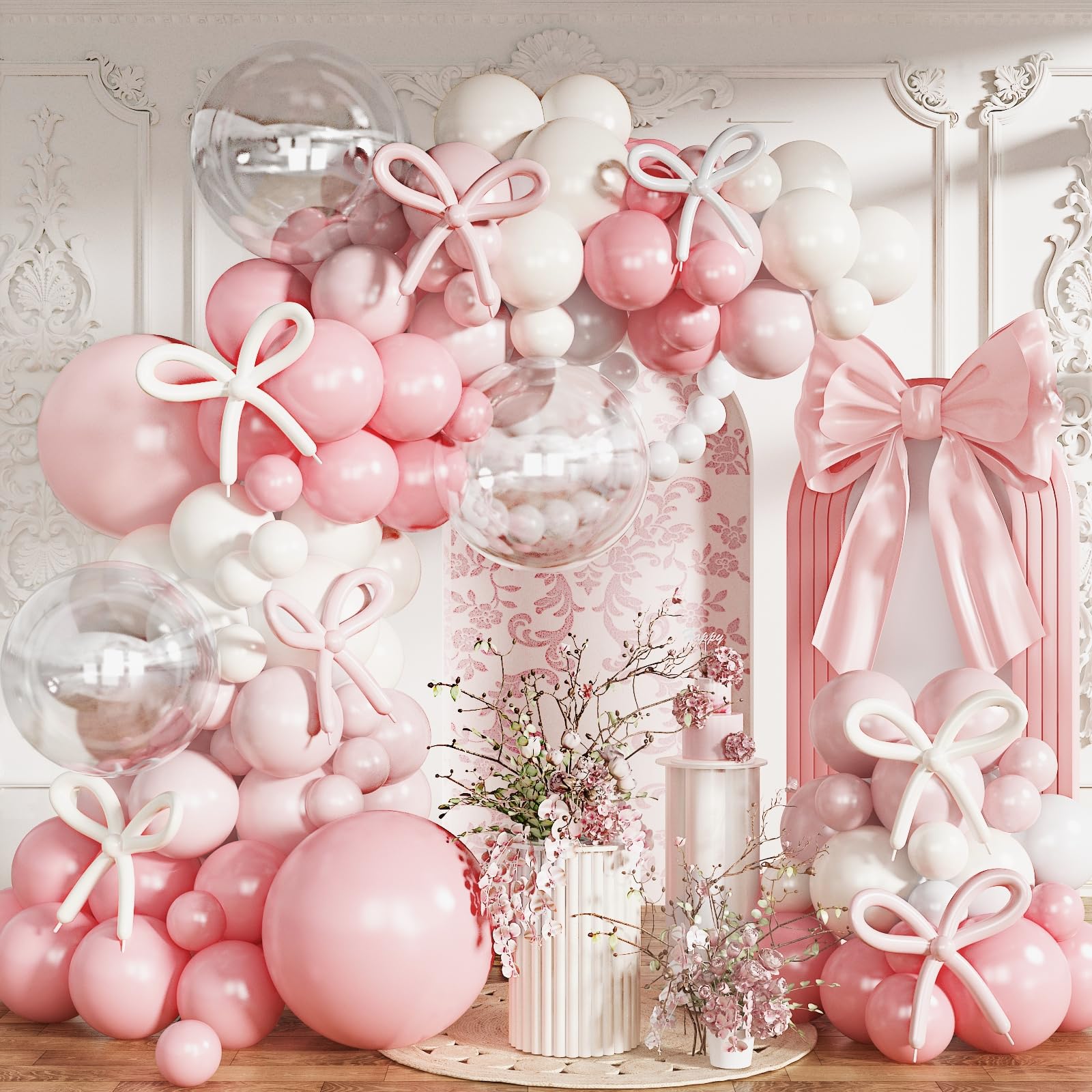 Pastel Pink and White Balloons Arch, 134 PCS Light Baby Dusty Pale Pink Bow Coquette Balloon Garland mit 18 Inch Clear Balloons *5, Long Balloon as Bow Decor for Girls Just Wanna Be One Birthday