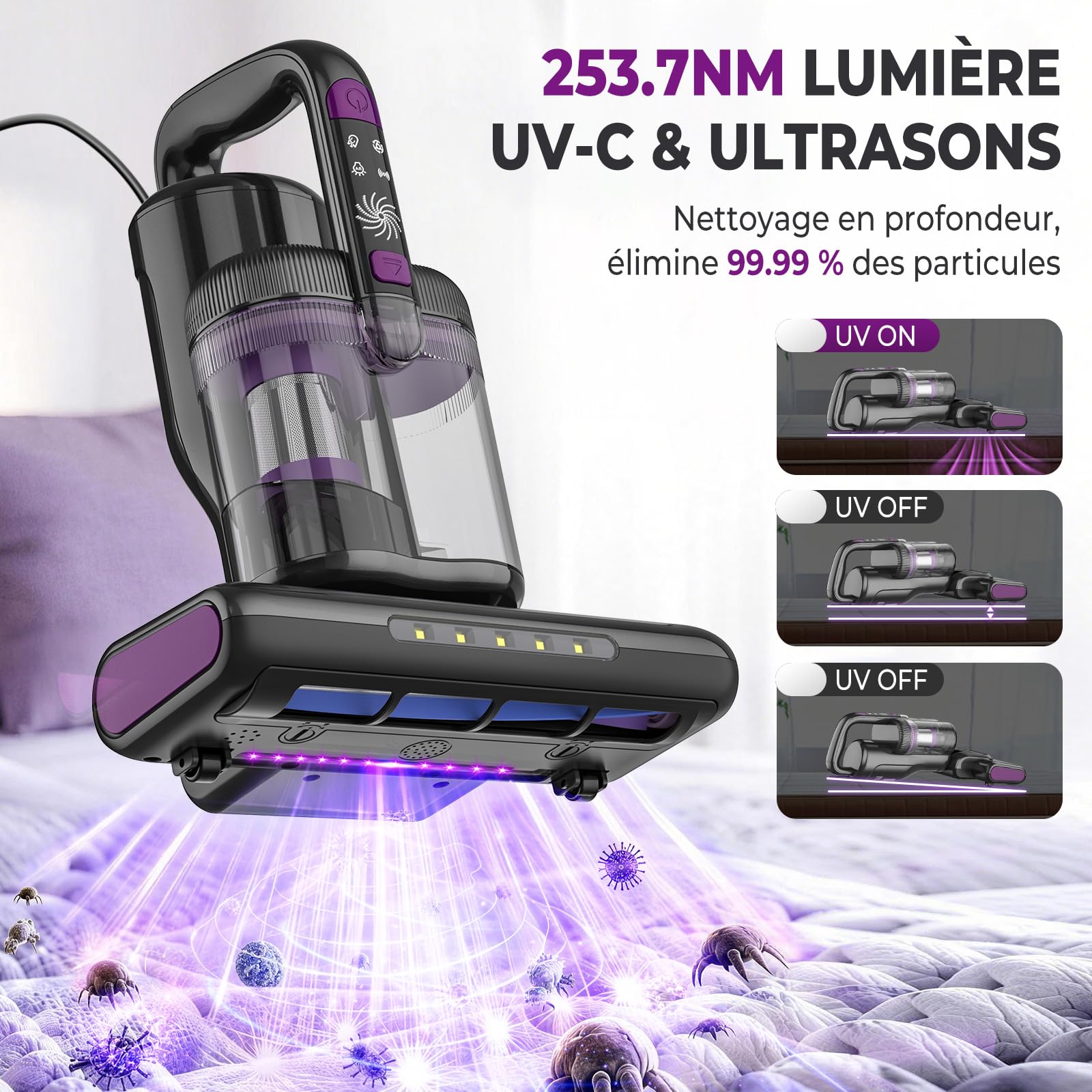 Battimaterasso, 16kPa Aspirapolvere a mano per Materassi con luce UV-C