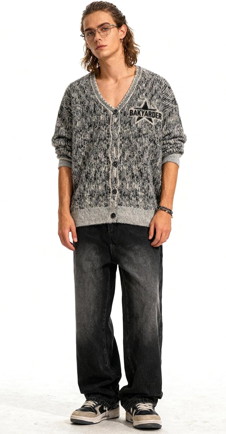 Bakyarder Oversized Vintage Star Knit Cardigan - Fuzzy V Neck Fluffy Button Down Sweater – Unisex Streetwear for Fall Winter - Image 3