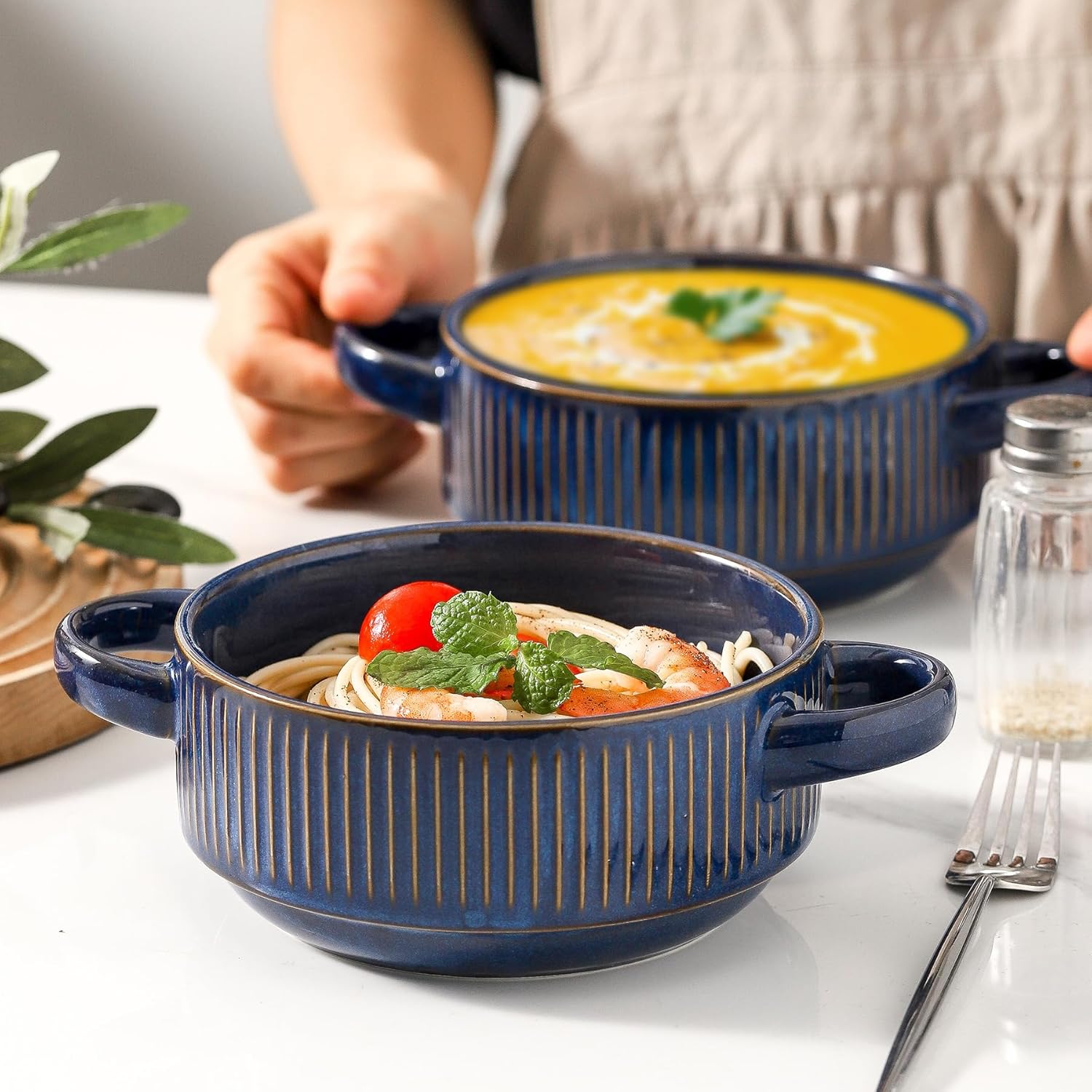 Soup Bowls with Handles, 23 oz French Onion Soup Crocks, Stackable Soup Bowl Oven Safe for Chili, Beef Stew, Embossment Ceramic Bowl Set - 5.4 Inch, Set of 4,Blue