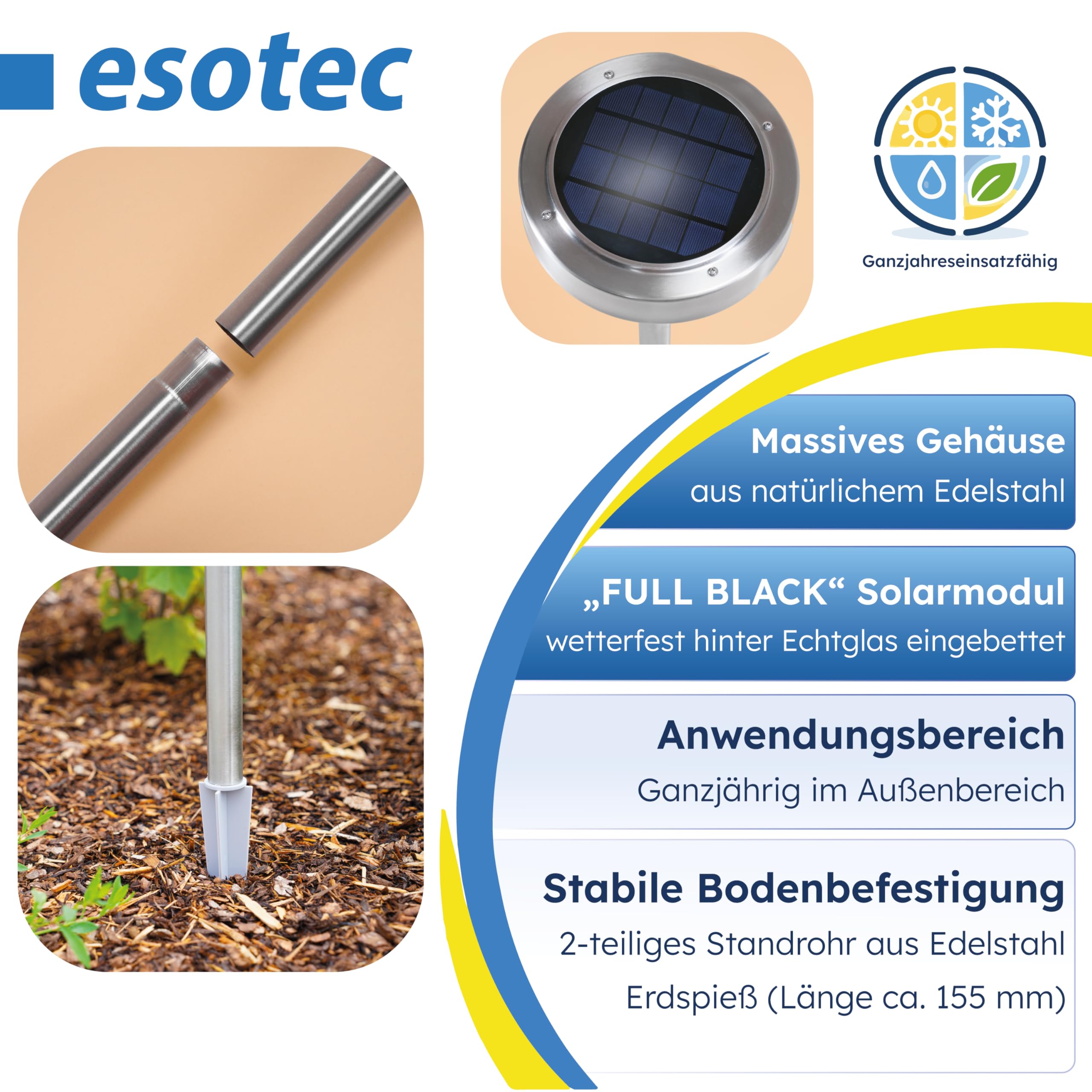 esotec Solar Wegeleuchte mit Bewegungsmelder ASINARA, steckbare Gartenbeleuchtung für außen, DUO COLOR warmweiß kaltweiß, Edelstahl H70cm 102530