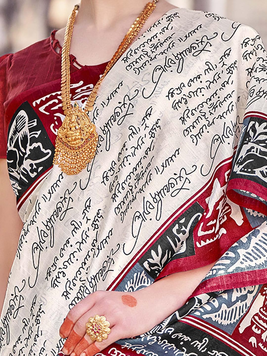 SAREE MALL Women's Bhagalpuri Silk Ethnic Motif Printed Saree With Unstitched Blouse Piece(Off White_30WOM30905_HS) 3