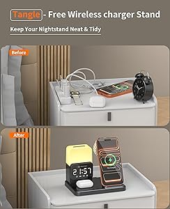 6-in-1 Wireless Charging Station, Charger Stand for Apple Multiple Devices, for iPhone 17 16 15 14 13 12 Pro Max Watch Airpods, Wireless Charger iPhone Charging Station with Night Light/Alarm Clock