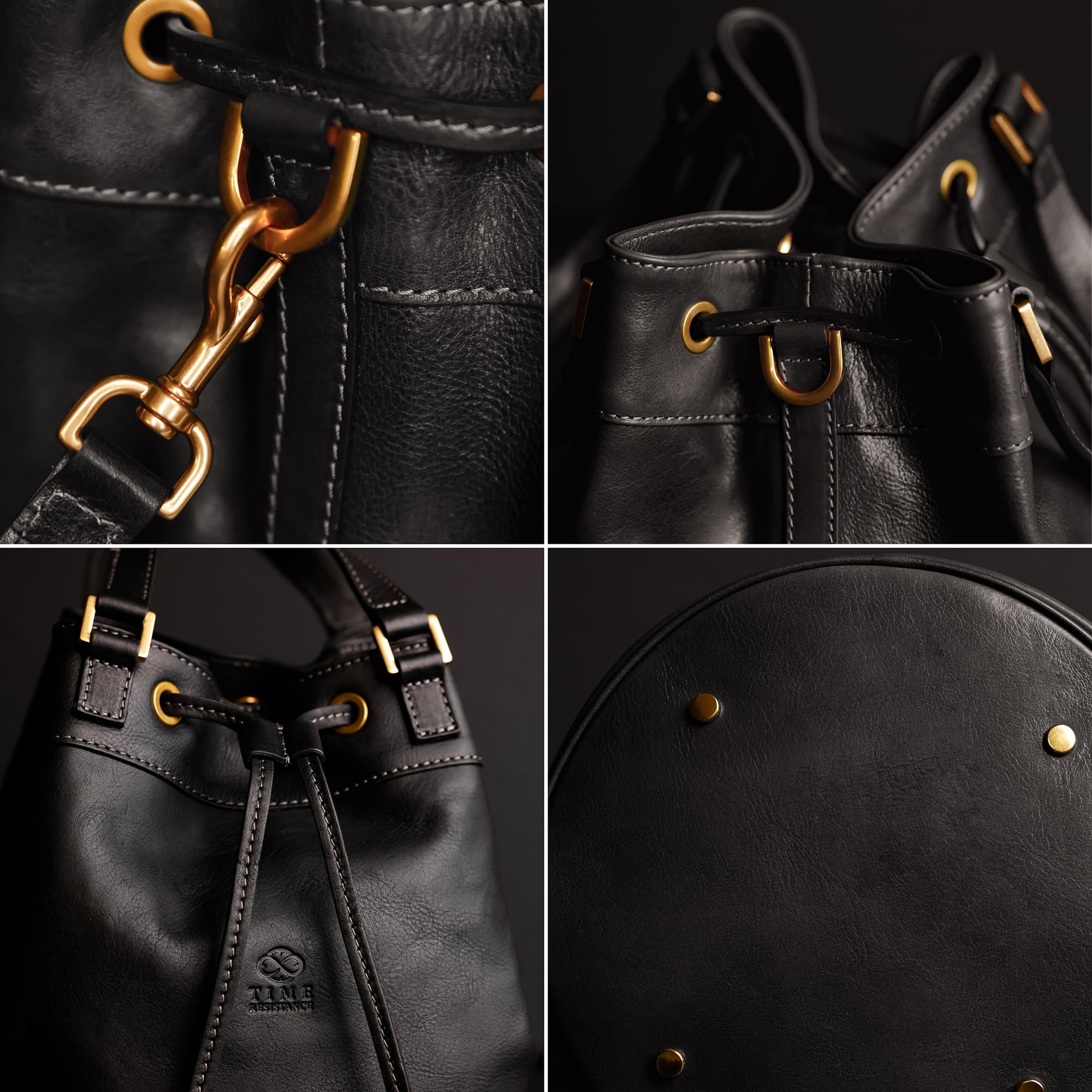 Time Resistance Lederhandtasche für Damen - Handgefertigte Beuteltasche aus Vollnarbenleder - Italienische Ledertasche - Schultertasche für Damen - Handtasche für Arbeit und Alltag (Schwarz)