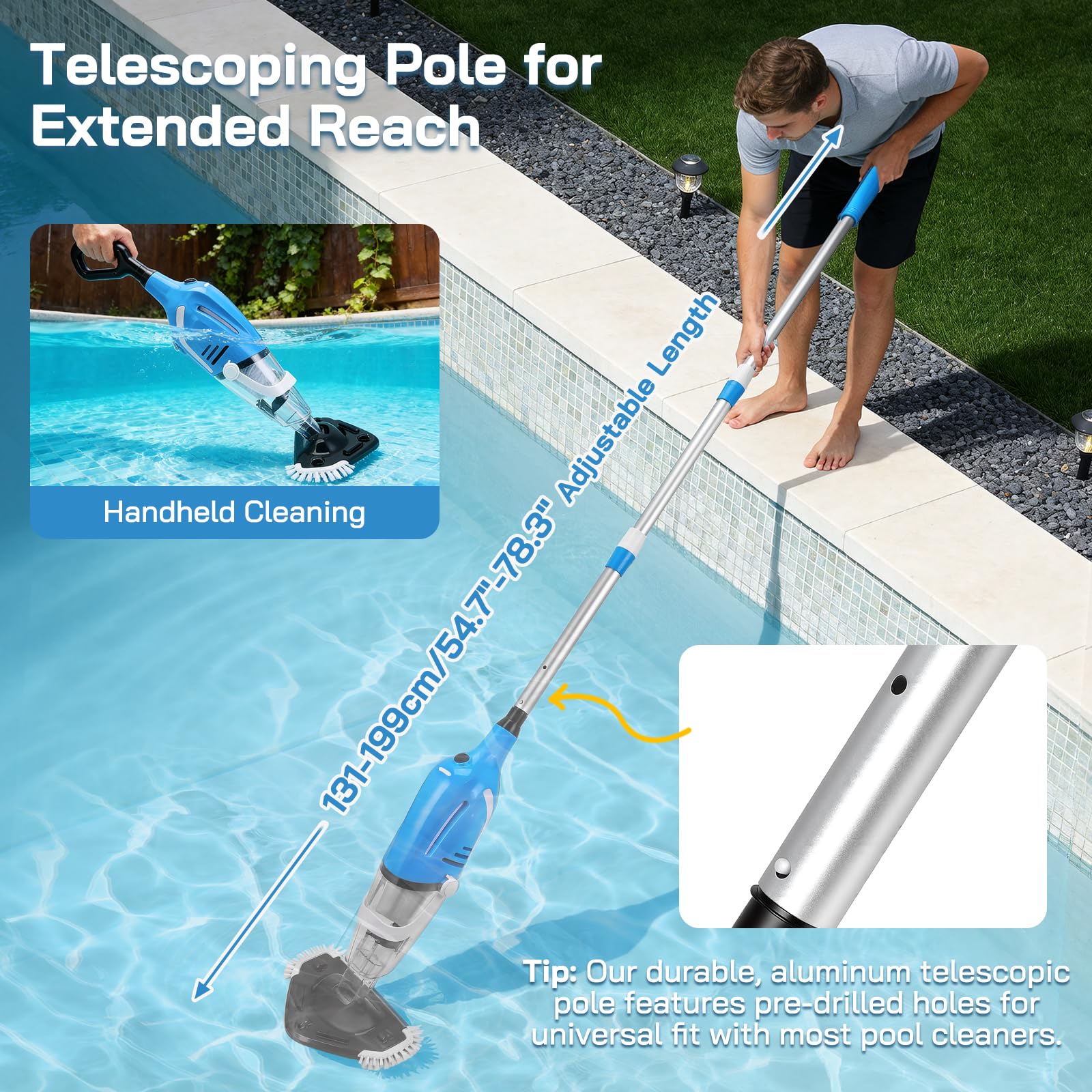 Aspirateur Piscine sans Fil 40L/Min, Démarrage Automatique par Immersion, Perche Télescopique 139-199cm, 2 Sacs Filtres Inclus pour Petites Piscine, Jacuzzi, Spa