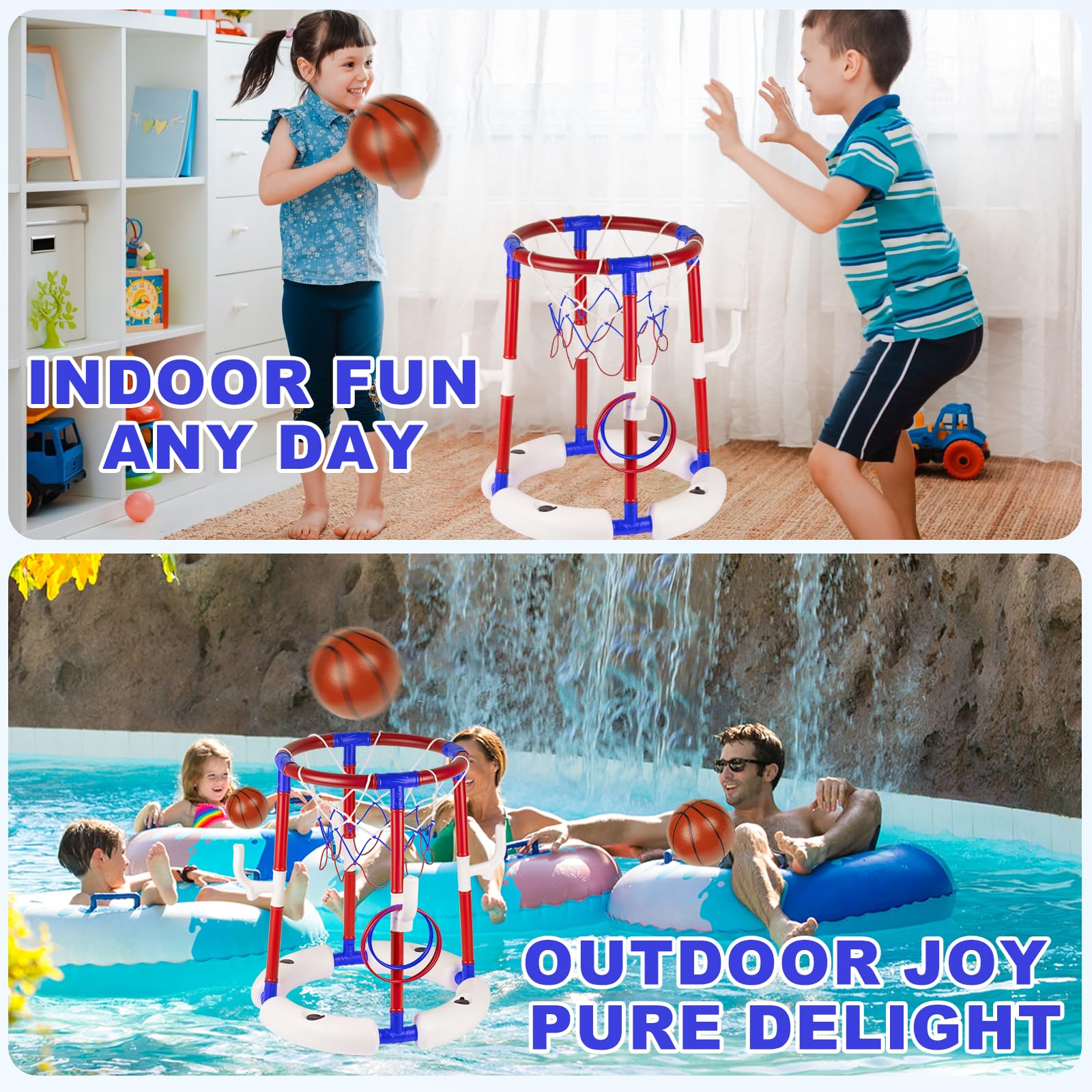 2-in-1 Schwimmbad-Basketballkorb, stabiles schwimmendes Pool-Basketballkorb-Set, Wasser-Basketballkorb für Pool-Party, Spaß und Outdoor-Indoor-Familienspiele