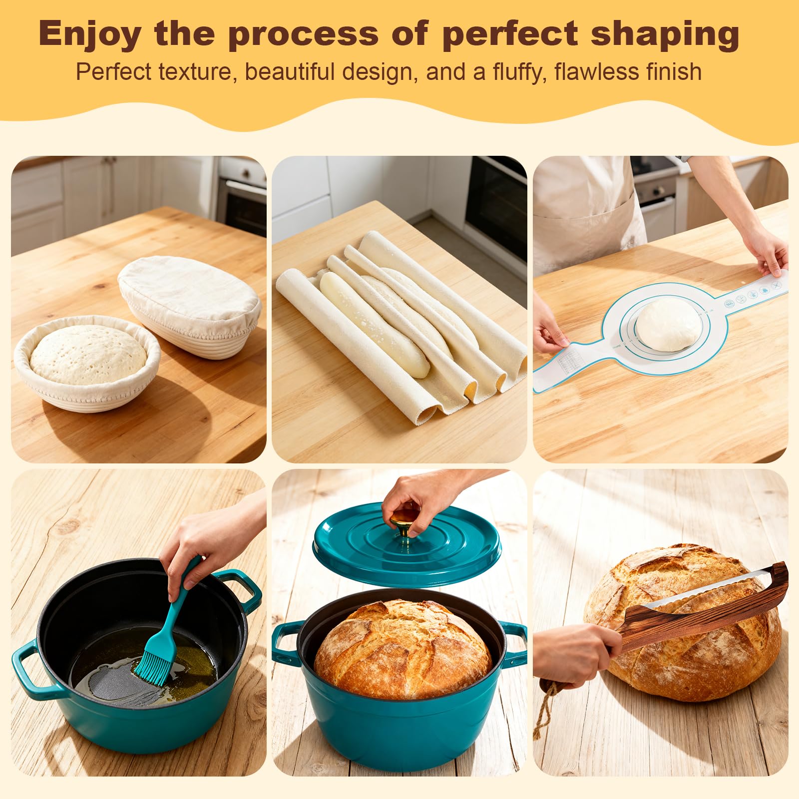 NZQXJXZ Sauerteig Brot Bakset mit Emaillepott und Gärkorb, Brotbackset, 100% Natürlichem Rattan Gärkörbchen, Gusseisen Topf Brot Backen Emailliert Set für für Anfänger und Erfahrener Bäcker