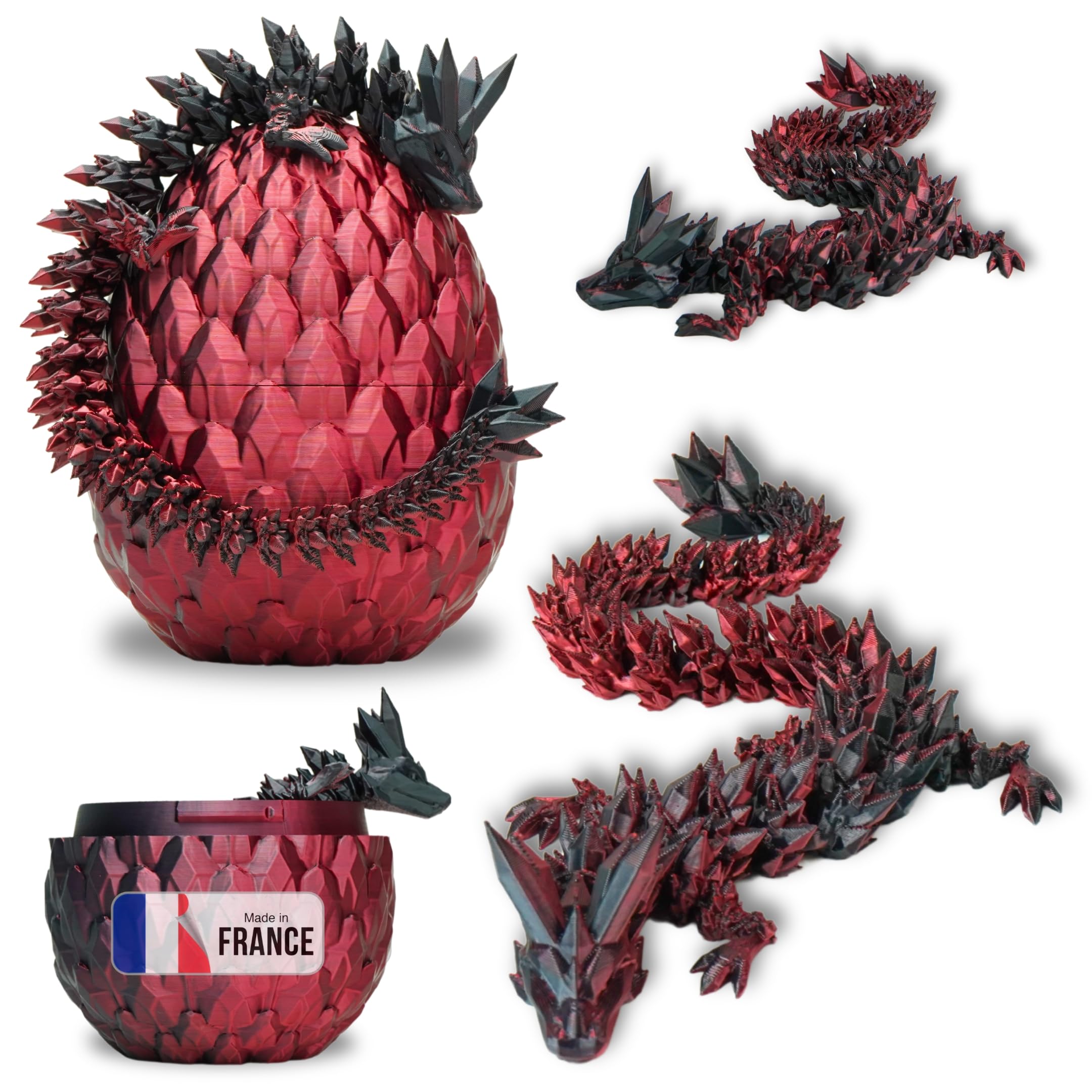 Articulated Dragon & 3D-Printed Dragon Egg - Fantasy Universe Decoration/Fidget Toy - Unique Gift Idea, Home Dcor for Kids' Room, Living Room (Black Red)