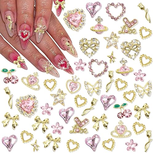 RODAKY 52PCS Heart Nail Charms Gold Cherry Flowers Nail Art