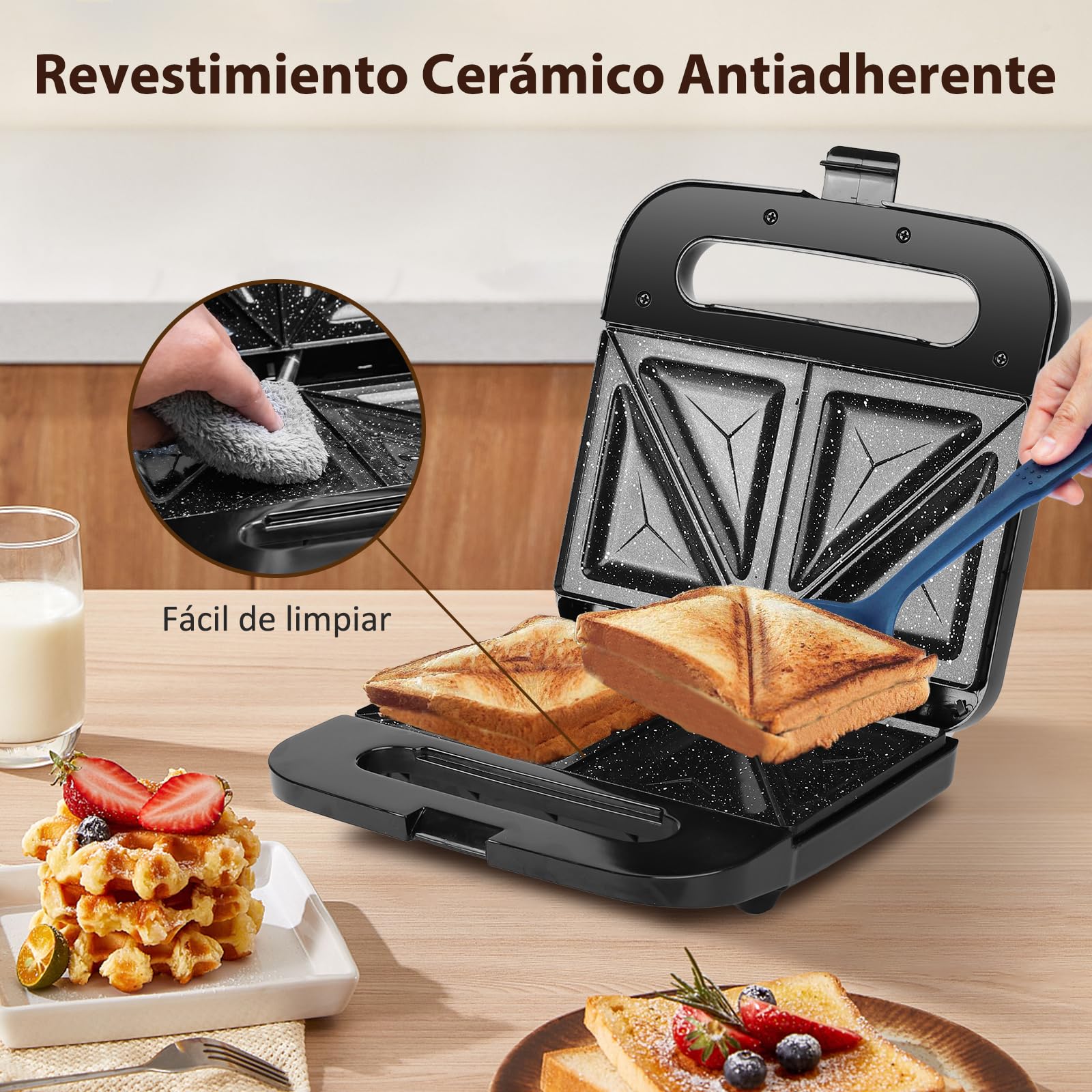 Aigostar - Sandwichera 2 Sandwiches, Revestimiento Cerámico Antiadherente, Control Automático de Temperatura 180-200℃, Luces Indicadoras, Asa de Toque Frío, Almacenamiento Vertical, 750W, Lamo Pro