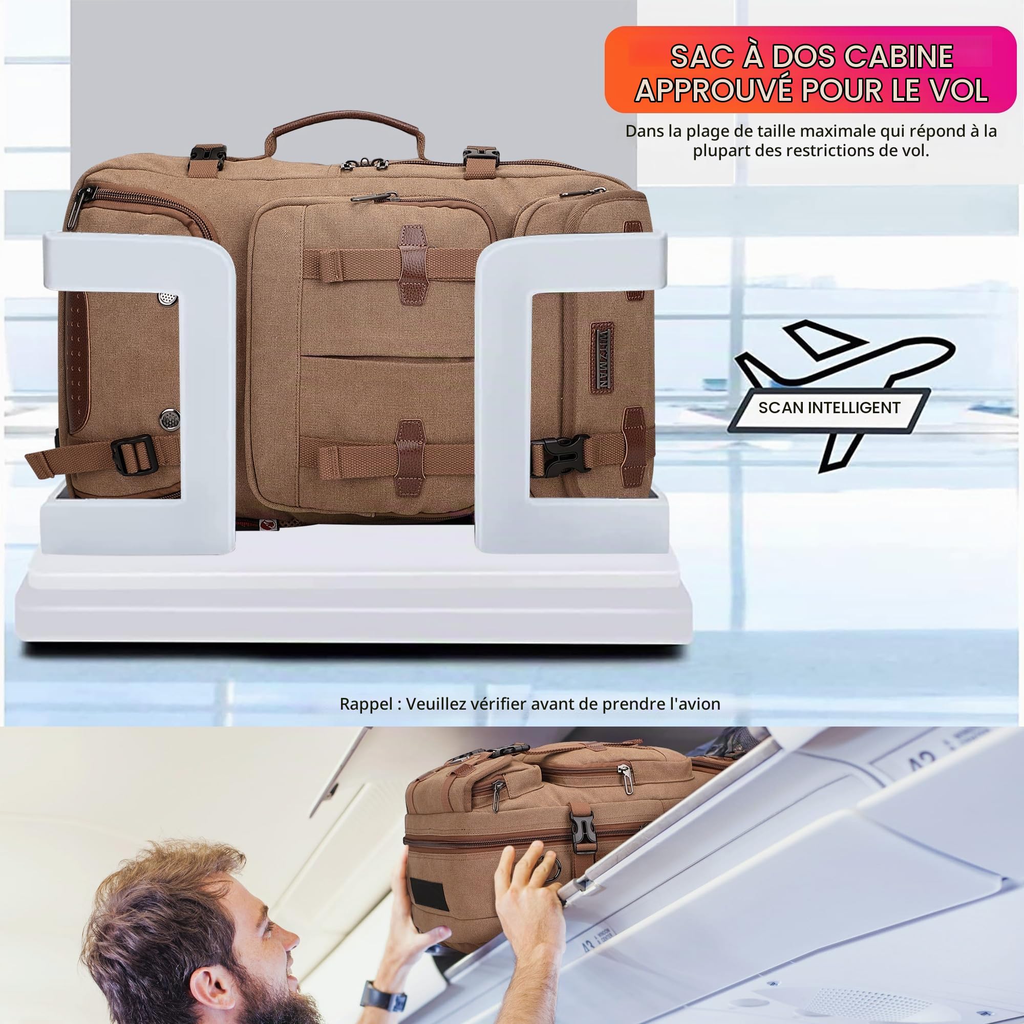 WITZMAN Sac à Dos de Voyage Homme Toile Vintage 40L Convertible 3-en-1 USB