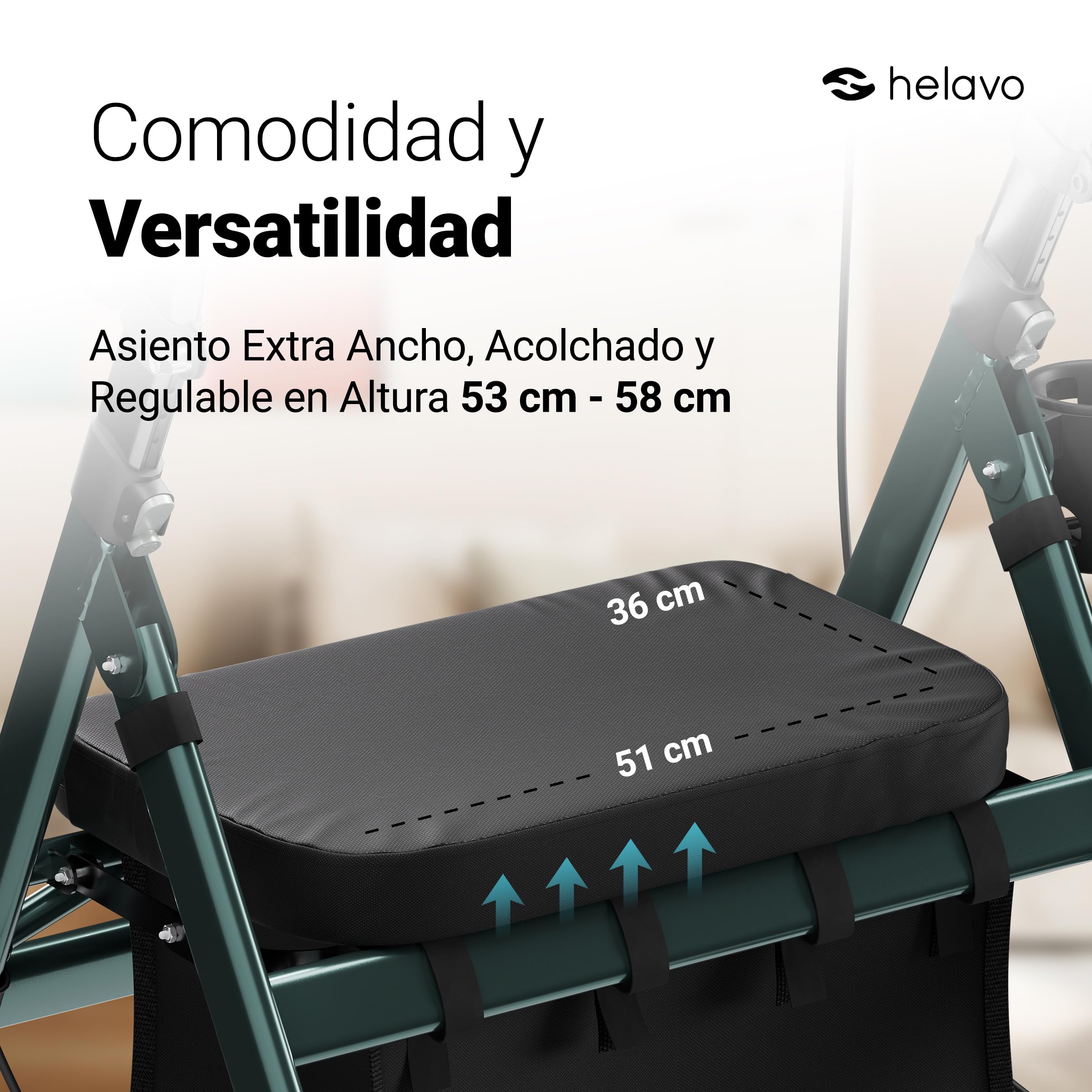Andador antibraquial bariátrico Helavo con ruedas 8 pulgadas, antipinchazos, asiento ancho plegable, rodillo extra grande y apoyo antebrazos, carga 226