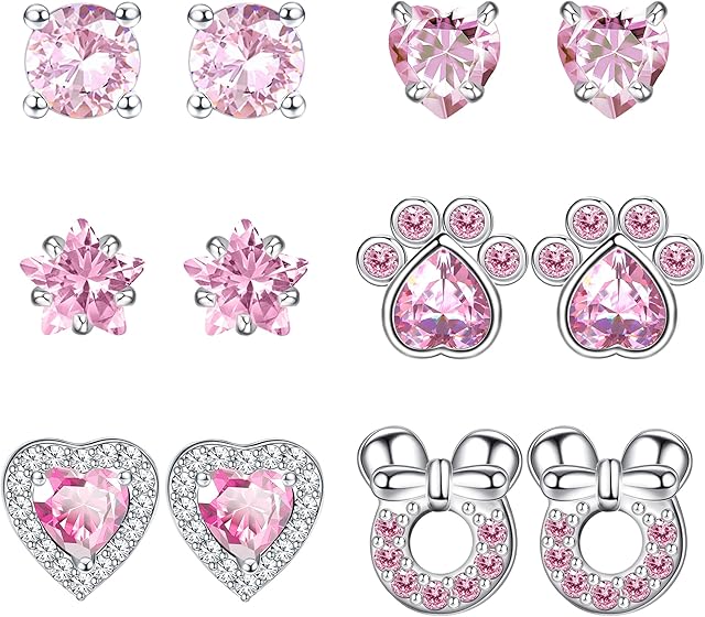 CASSIECA 6-9 Pairs Earrings for Girls Kids 316L Stainless Steel Hypoallergenic Earrings for Children Cute Tiny Heart Flower CZ Stud Earrings Birthday Christmas Gifts for Daughter Baby Girls