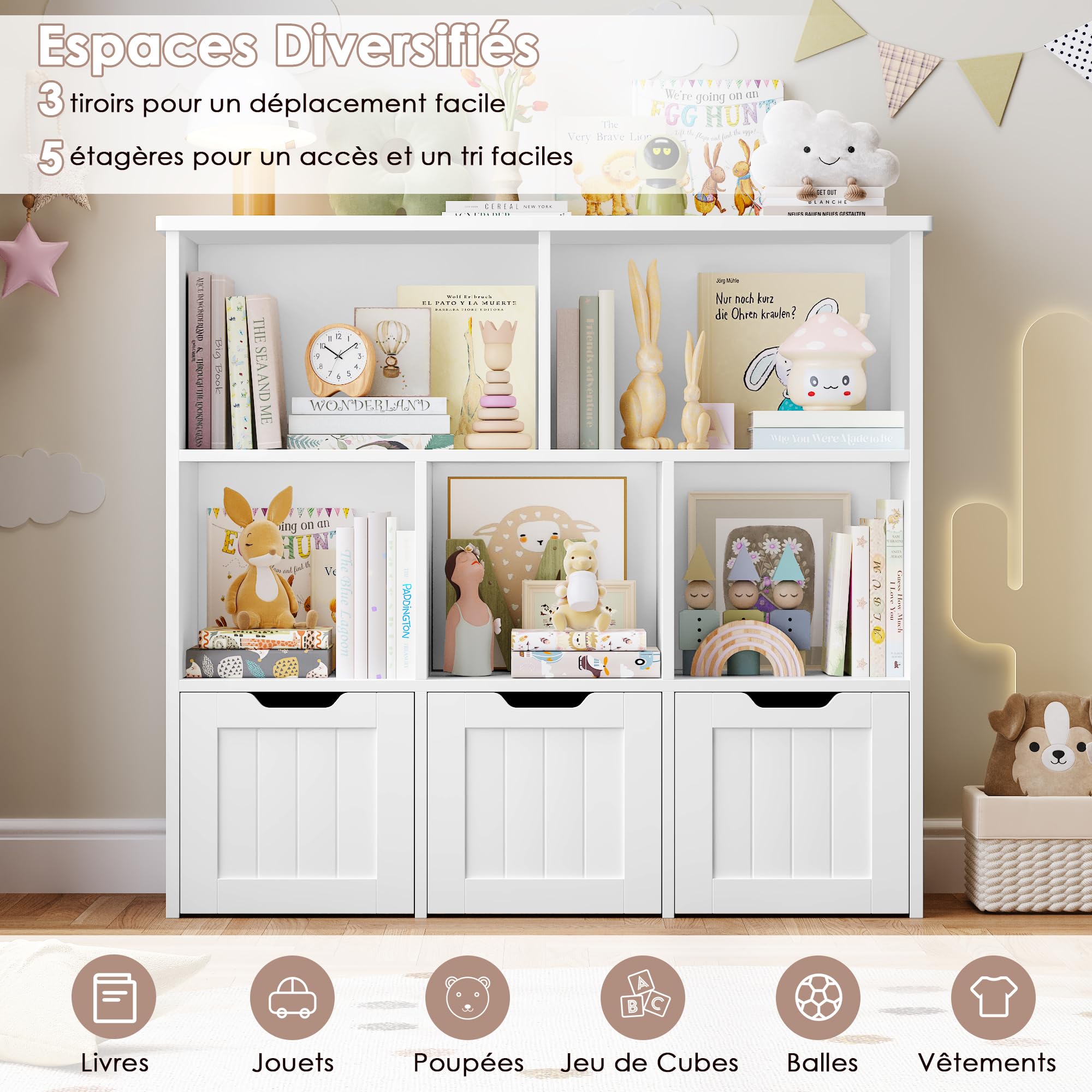 FOREHILL Meuble de Rangement Enfant Rangement Jouet Enfant avec 6 Étagères 3 Tiroirs Roulants Bibliothèque pour Chambre d’Enfant 100x33x89.5cm Blanc