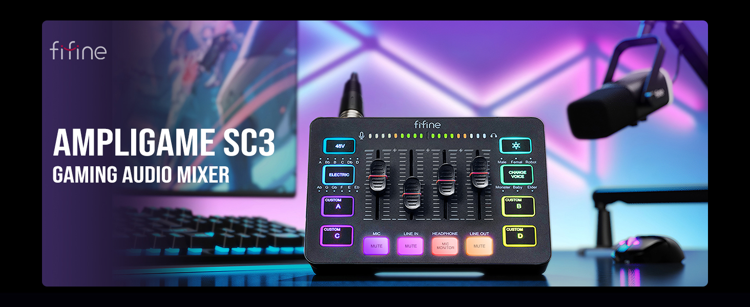 FIFINE Gaming Audio Mixer, Streaming RGB PC Mixer with XLR