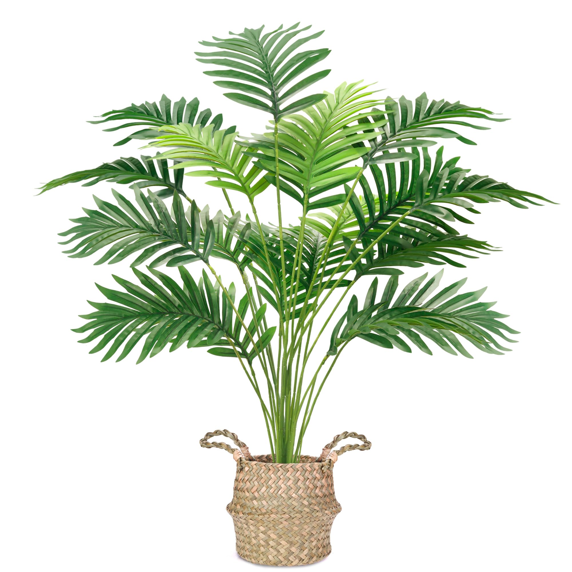 Der Rose Fake Palm Tree 28Inch Large Fake Potted Faux Areca Palm Plant with Hand-Woven Baskets with Handles for Indoor Outdoor Home Office Porch Balcony Bedroom Decor