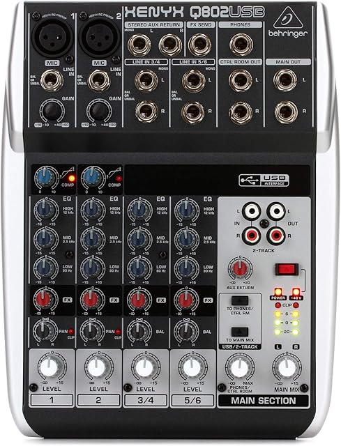 Behringer XENYX Q802USB Premium 8 Input 2 Bus Mixer with XENYX Mic Preamps/Compressors/British EQs and USB/Audio Interface, Compatible with PC and Mac