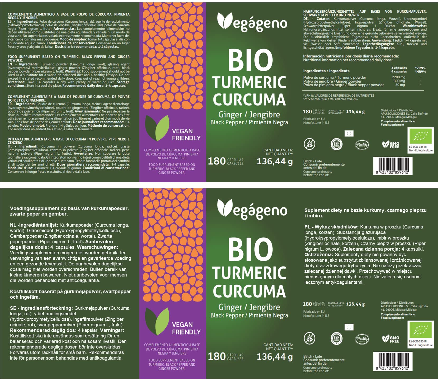 VEGAGENO Curcuma con Jengibre y Pimienta Negra 180 Capsulas 100% Orgánica. Para Digestión y Articulaciones.Dosis alta de Curcumina