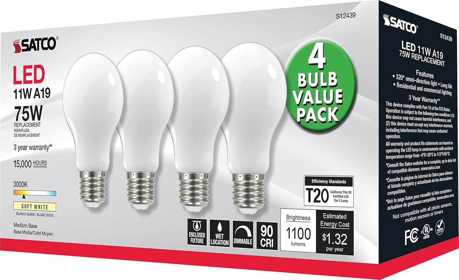 Satco S12439 A19 LED 4-Bulb Value Pack, 75W Replacement, 3000K, White