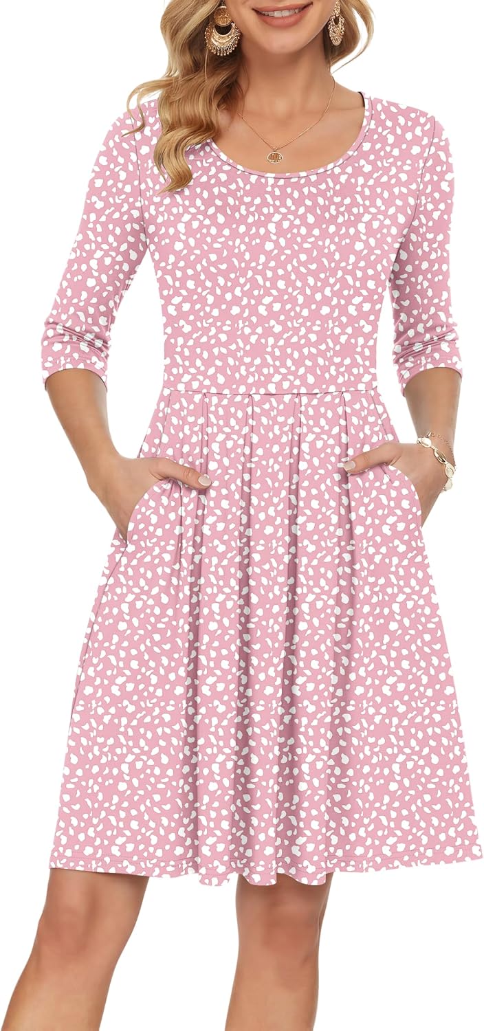 AUSELILY Women's 3/4 Sleeve Casual Dress Pleated Loose Swing Knee Length Dresses with Pockets 2026 New