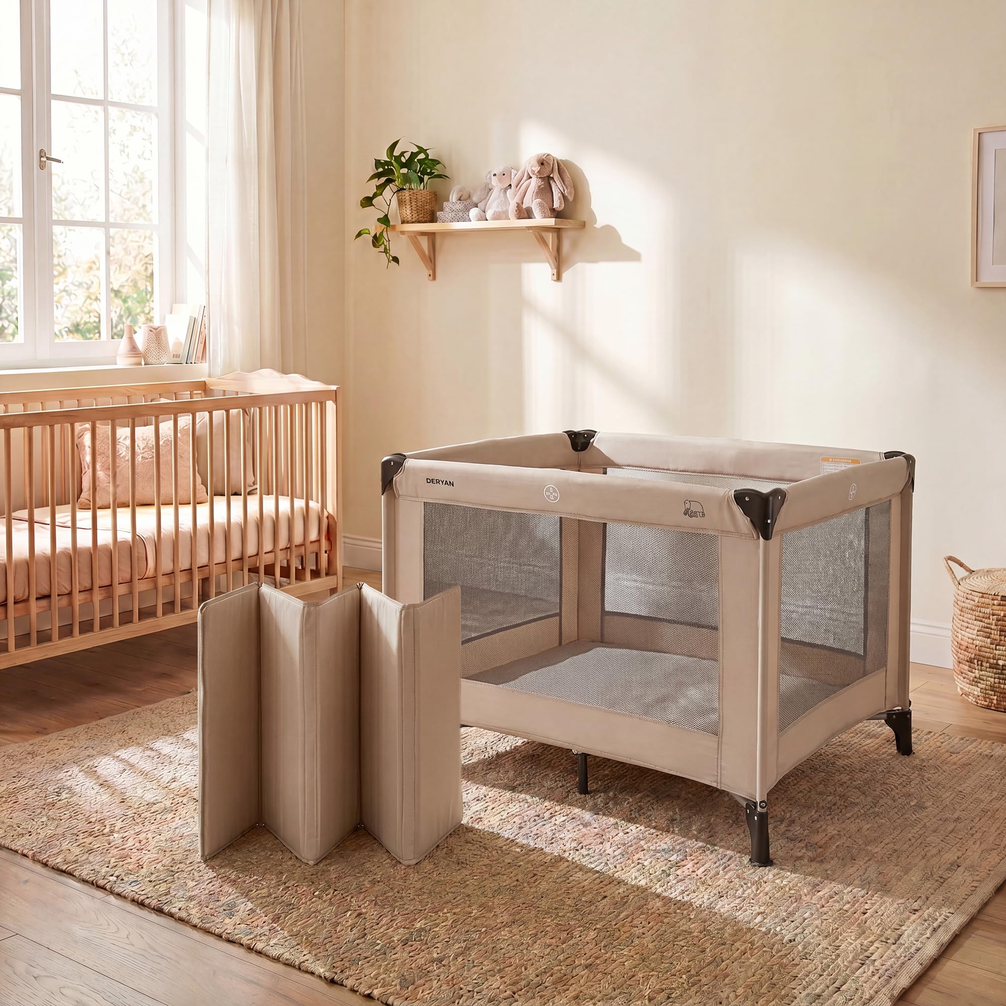 DERYAN Laufstall Baby 100x100cm, Laufgitter Baby, Laufstall mit atmungsaktivem Netz, Faltbares Kinderreisebett mit Matratze & Tragetasche, Playpen, Kinderlaufstall - Nougat