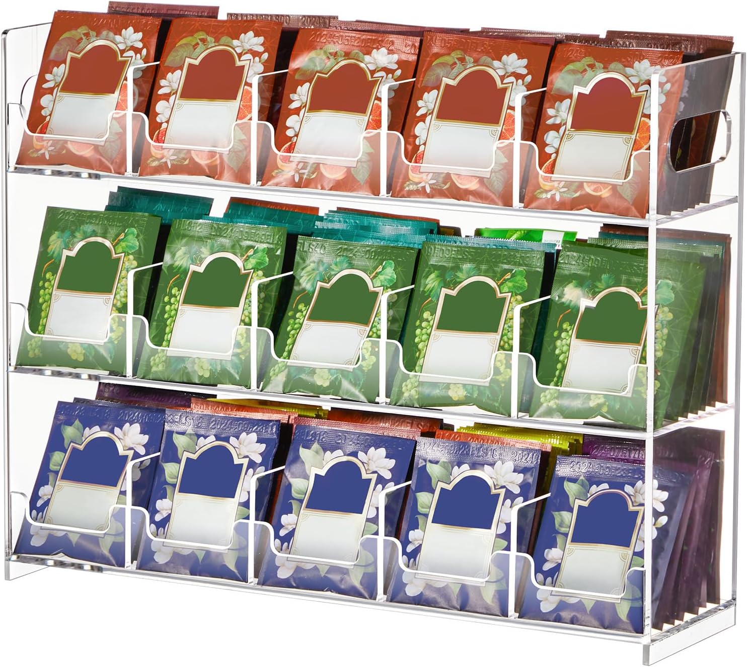 Marsui 3 Tier Acrylic Tea Bag Organizer for 270 Tea Packets 15 Compartments Vertical Tea Bag Organizer Holder Clear Teabag Storage Rack Acrylic Tea Bar Accessories for Countertop Cabinet Drawer