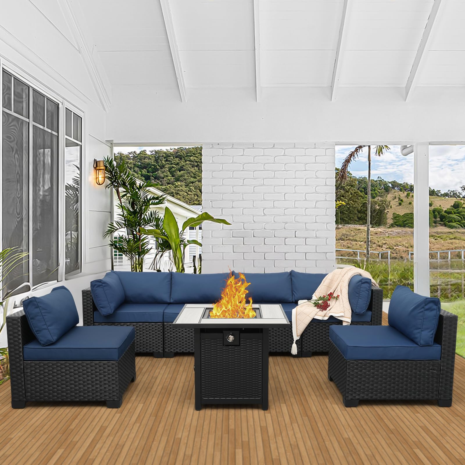 Valita Patio Furniture Set 30 Inches Fire Pit 7-Piece Outdoor Sectional Patio Couch 50000 BTU Steel Propane Fire Pit Table with No-Slip Cushions and