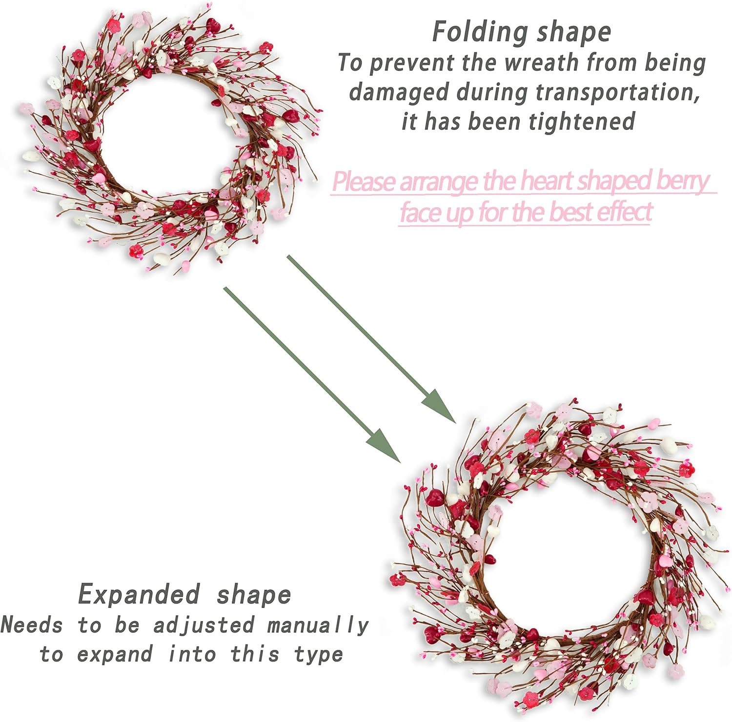 Valentine's Day Wreath for Front Door Heart Shaped Berry Wreath with Wooden Floret,Berry for Front Door Indoor Outdoor Wedding Anniversary Party Home Wall Window Festival Decoration - Image 5