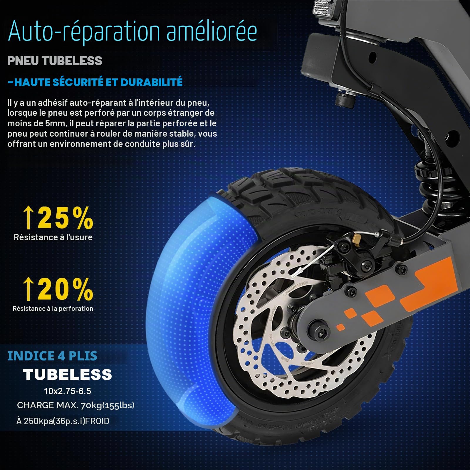 Pneu 10x2.75-6.5 Tubeless Offroad pour Kukirin G2 Master Trotinette, Pneu Tubeless 10x2.75-6.5 avec Gel Auto Réparer, 10 Pouces Pneu Sans Chambre a Air avec Valve, Anti-Usure & Dérapant, 1PCS