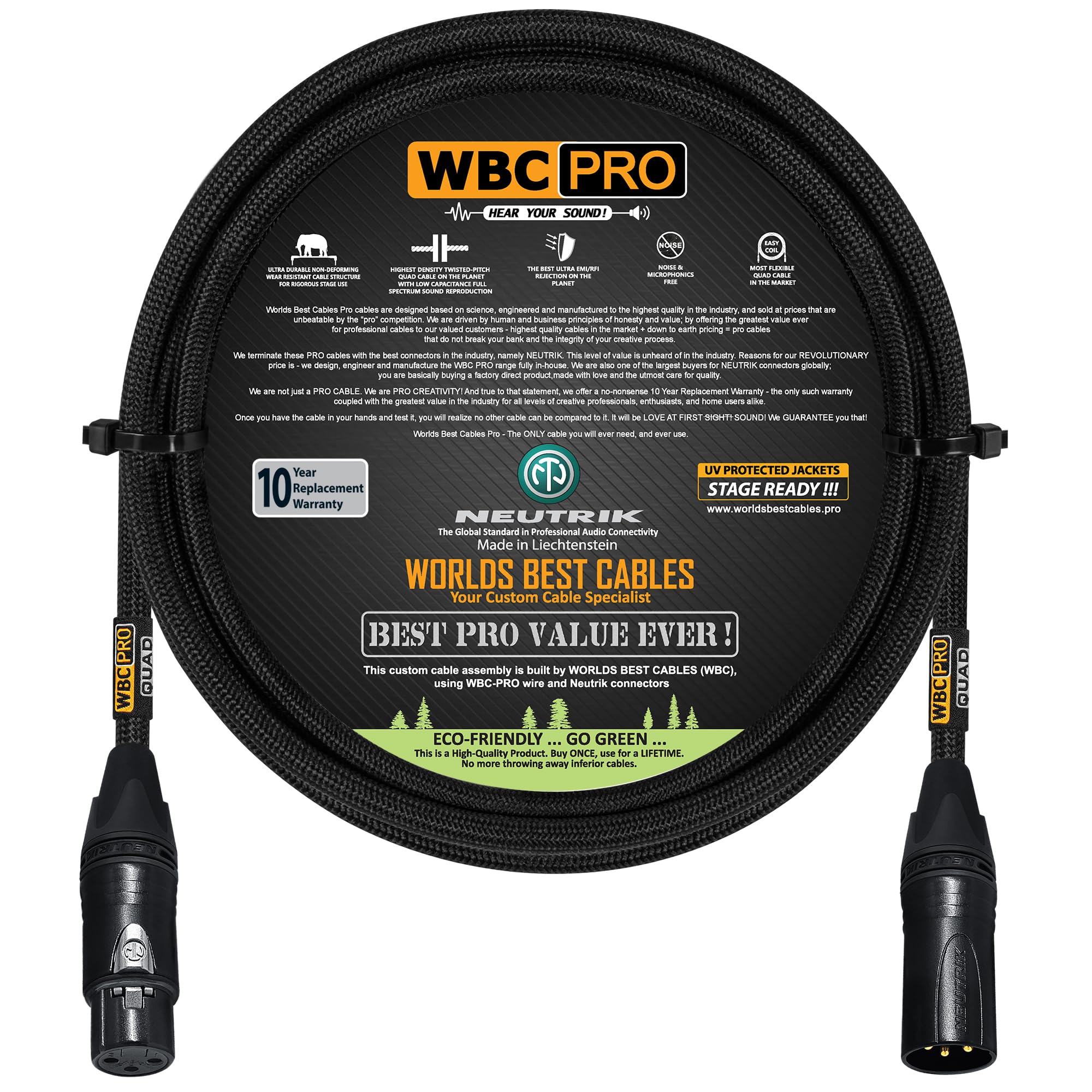 6 Foot - WBC-PRO-Quad Ultra-Silent Ultra-Flexible Balanced Star-Quad Cable with Neutrik Male & Female XLR Plugs & Black Tweed Jacket