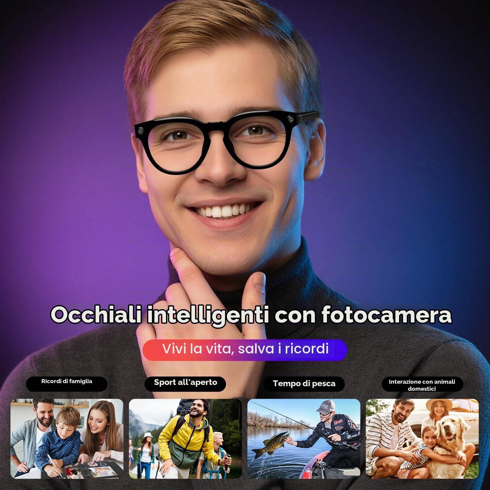 GenXenon Occhiali Connessi Con IA, Occhiali-Camera HD 8 MP – 220 mAh, Video 1200P, Scatto Di Foto E Video, Traduzione In Tempo Reale, Occhiali-Camera Per Ciclismo, Escursionismo E Viaggi.