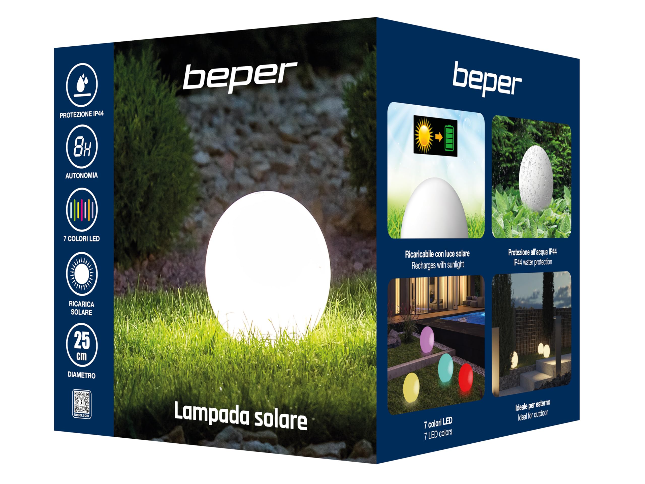 BEPER P207ILO225 Bola luminosa para jardín, LED RGB, luz blanca y multicolor con sensor crepuscular, resistente al agua IP44, alimentación solar, recargable, con pica para exteriores, diámetro 25 cm.