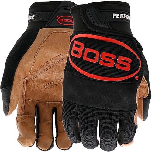 Boss Men's Job Master Grain Pigskin Leather Palm Work Glove, Abrasion Resistant, Spandex Backing, Knuckle Paddin