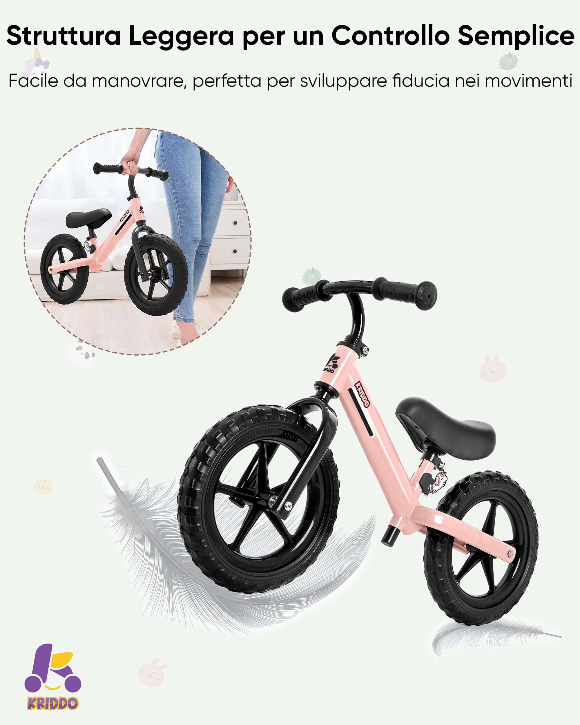 KRIDDO Bicicletta senza pedali per bambini dai 2 ai 5 anni, doppio cuscinetto per una guida più fluida, adorabile piastra, sedile e manubrio regolabili, regalo per bambini dai 2 ai 3 anni