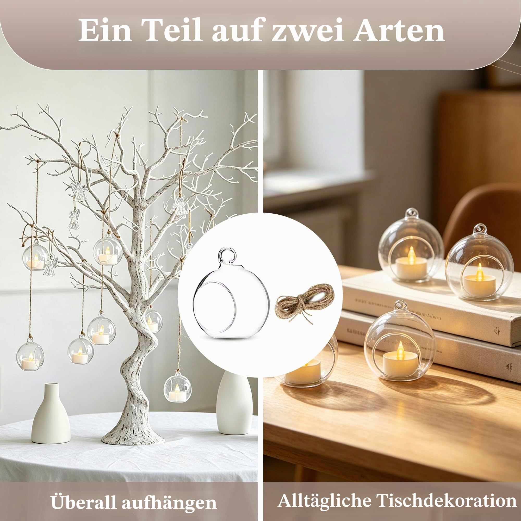Sziqiqi 8cm Hängende Teelichthalter Glas: Glaskugeln zum Aufhängen 24er Set | mit LED, Transparente, Befüllbare Kerzenhalter, für Teelichter, für Hochzeit, Tischblumenständer, Weihnachten, Party, Garten