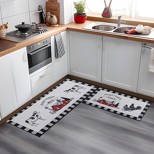 Juego de 2 alfombras de cocina de granja, antideslizantes, lavables, color blanco y negro, alfombras y tapetes para suelo de cocina, decoración de