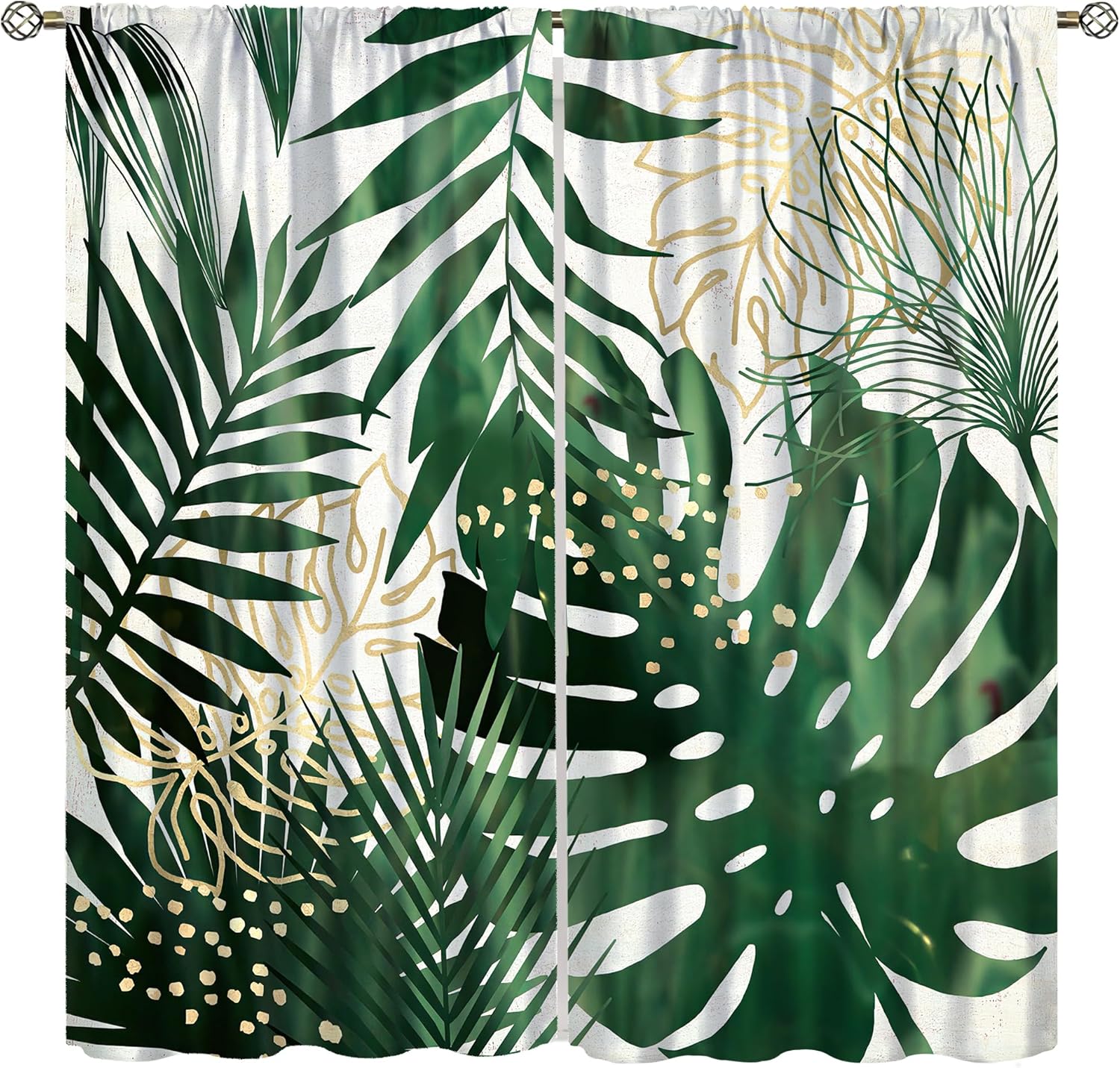 Tropical Palm Leaf Curtains, Natural Emerald Green Gold Botanical Plant Botanical Abstract Printed Rod Pocket Window Treatments, Blackout Curtains for Bedroom Living Room52X84 Inch, Style-1