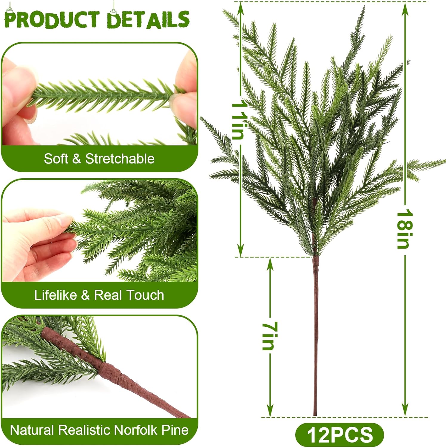 16 Pcs Real Touch Norfolk Pine Branch, 24 Inch Artificial Green Plants Branches, Faux Greenery Pine Stem Fake Cedar Picks for Vase, Christmas Pine Branches for Home Indoor Decor