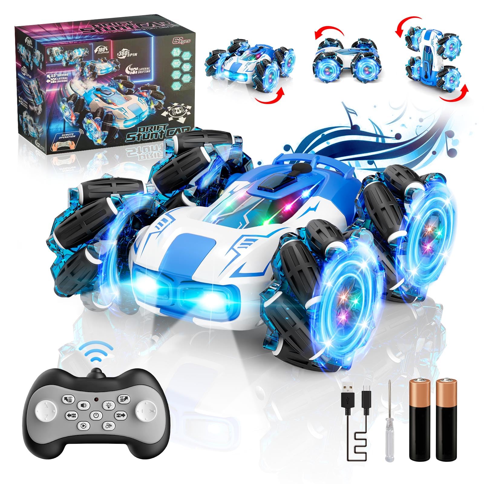 Remote Control Car 4WD with 360° Rotating Drift Stunt Rc Cars | 2.4GHz Remote Control with Cool Lights,All-Terrain Off-Road Toy | Ideal Christmas & Birthday Gift for Kids Ages 4-7 8-10 10-13