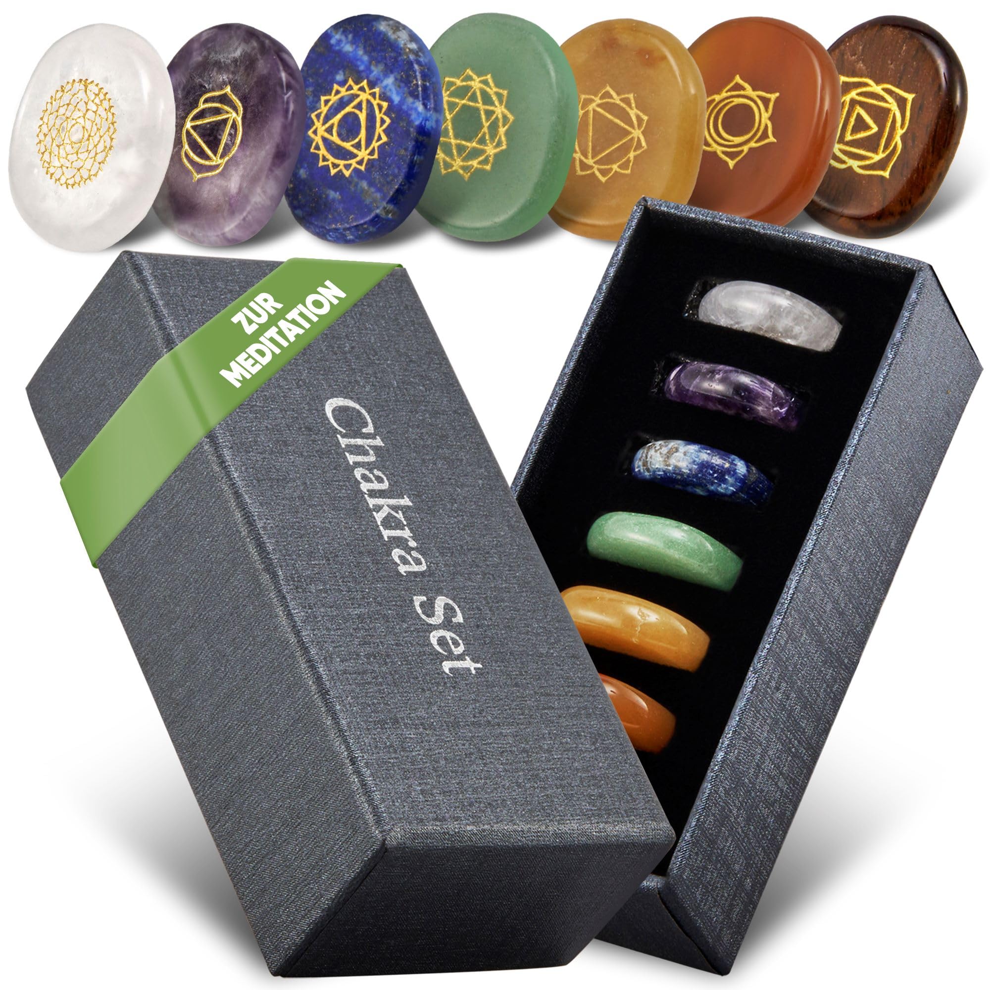 PURAJA Conjunto de Chakras Premium con los 7 principales cristales | Set de piedras curativas de cristales | Piedras de los Chakras con símbolos | Piedras curativas artesanales para meditación