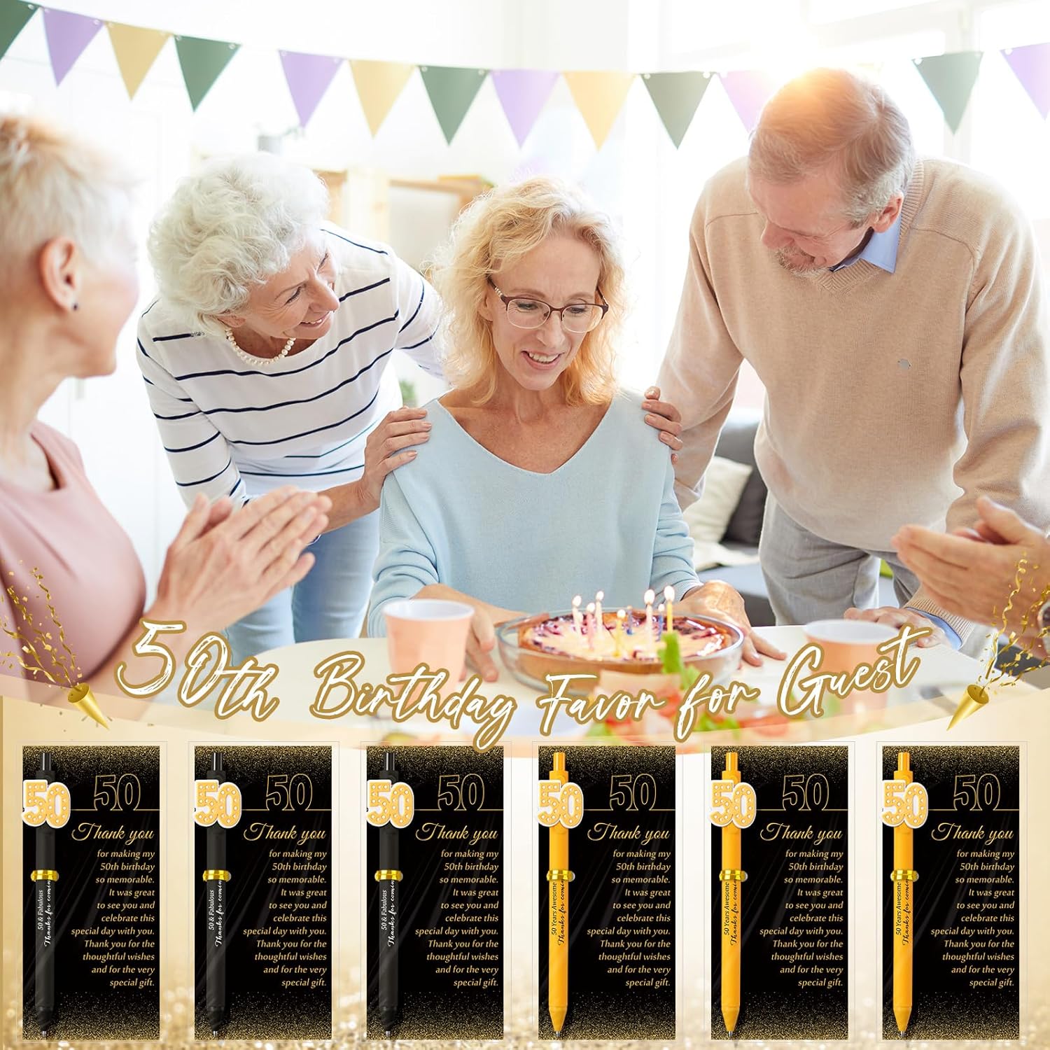 Feifeiya 50 Set 50th Birthday Party Favors for Guests Include Black and Gold Ballpoint Pens Thanks for Coming Pens with Thank You Cards Anniversary Party Favor for Men Women Wedding Appreciation Gifts