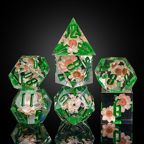 Cusdie Juego de dados DND de 7 troqueles con bordes afilados, juego de dados de flores para crisantemo D y D, juego de dados poliédricos hechos a