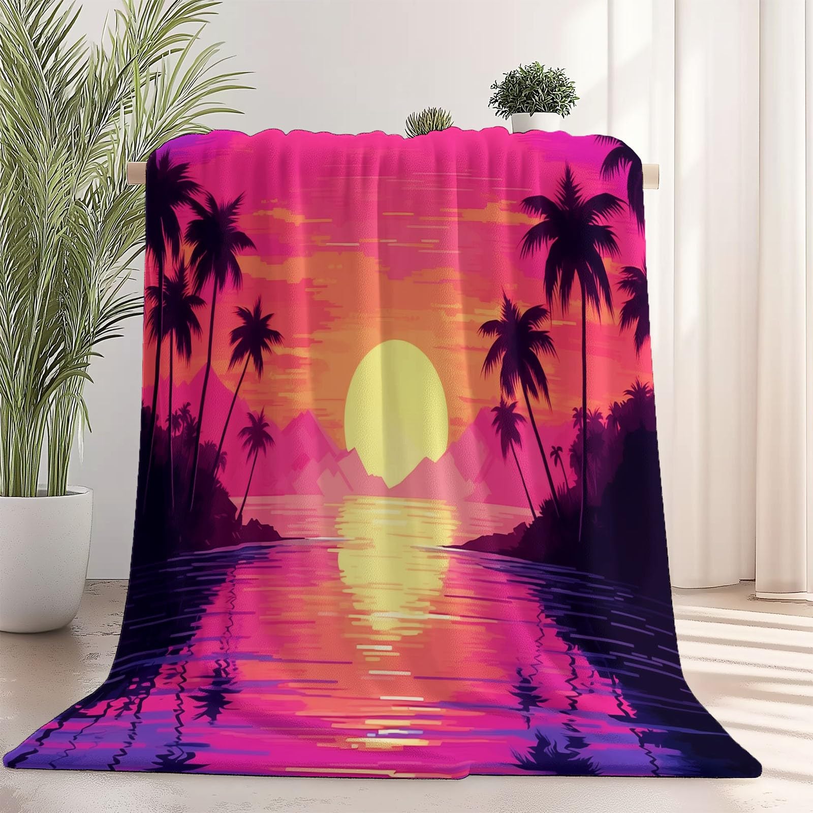 Decke Flanell 150 x 200 cm Geschenke für Frauen und Männer - Aquarell Palmen Sonnenuntergang Meer Witzige Geschenke für Freunde zu Weihnachten und Geburtstag, Rosa Schwarz