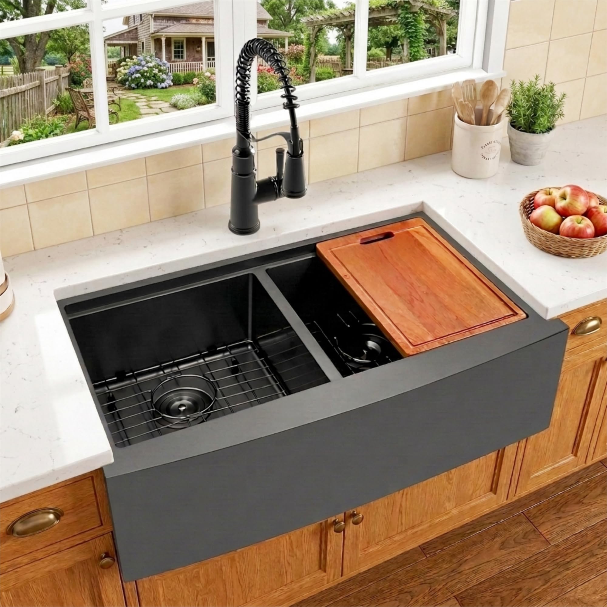 Zeesink Black Double Bowl Farmhouse Sink