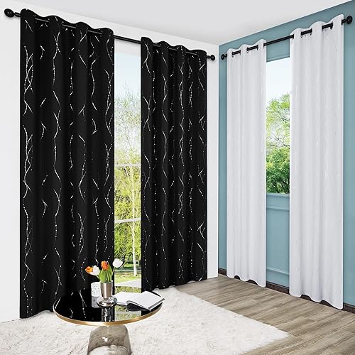 Deconovo Cortinas opacas negras para sala de estar, cortinas de 84 pulgadas de largo (52 x 84 pulgadas, 2 paneles), paquete de cortinas opacas con