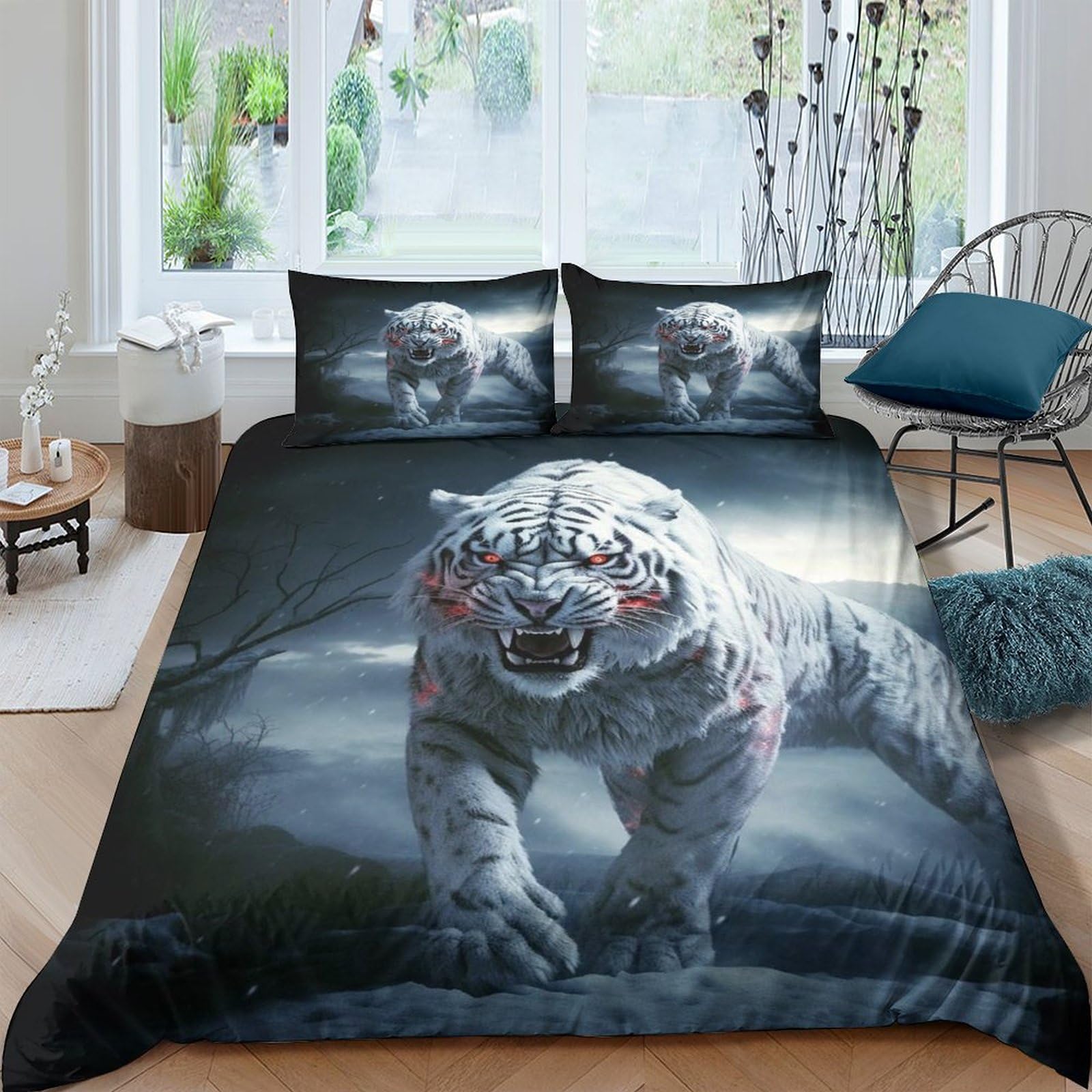 VesFy White Tiger for Boys Girls 3D Printed Animal Comforter Covers Duvet Cover Quilt Cover with Pillow Cases Bedding Set Soft Microfiber with Zipper Closure 3 Pieces King（220x240cm）