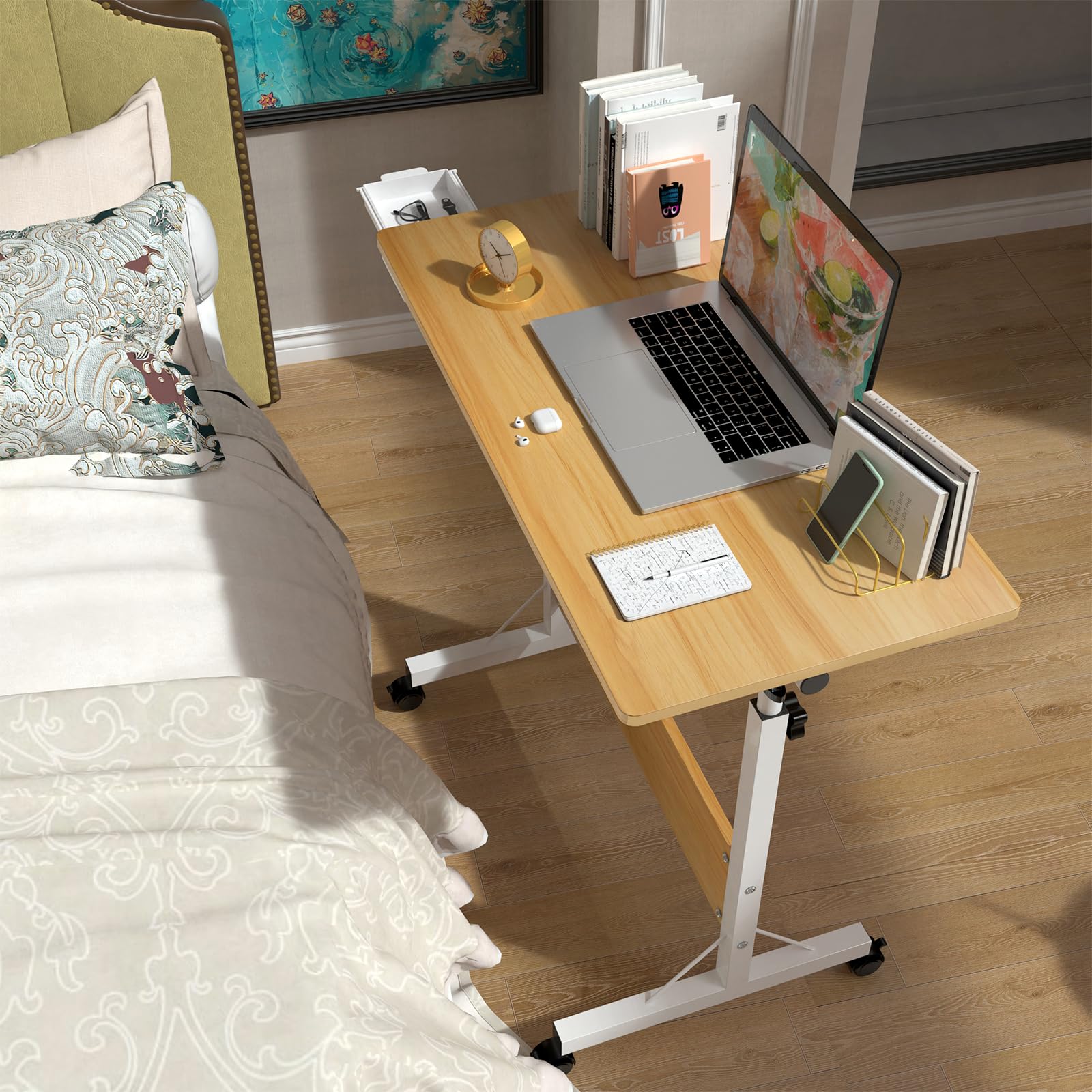 Klapptisch Laptoptisch höhenverstellbarer Schreibtisch mit drehbarer Rollen Portable Faltbar PC Tisch Klein Campingtisch klappbar Beige Arbeitstisch, 80 x 40 cm Foldable Table für Homeoffice Büro