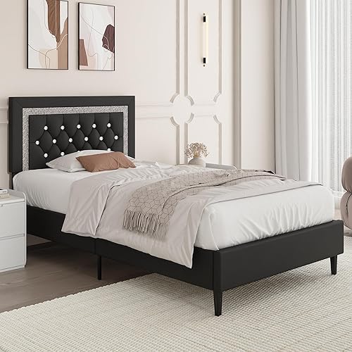 Miniatura 24 de BarnFurin Base de cama tamaño matrimonial con cabecera de botones copetudos, plataforma tapizada con diseño de diamante, soporte de listones de